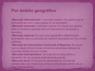 Por ámbito geográficoMercado internacional o mercado exterior: Es aquel que se encuentra en uno o más países en el extranjero.