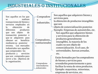 industriales o institucionalesSon aquellos en los que se realizan  transacciones de bienes y servicios empleados en la obtención de  diferentes  productos que son objeto  de transacción posterior o que se  adquieren  para obtener un  beneficio mediante su   posterior reventa.  Los mercados industriales sonaquellos  que comprenden  los productos y   servicios que son  comprados para  servir a los  objetivos de la  organización. Son aquellos que adquieren bienes y servicios para la obtención de productos intangibles que son objeto de comercialización posterior. Ejemplo: Empresas de automóviles, etc.Compradores industriales.Son aquellos que adquieren bienes y servicios para la obtención de productos generalmente intangibles, la mayoría de los cuales no son objeto de comercialización. Es el caso, de universidades, fuerzas armadas, etc.Compradores institucionales:Están formados por los compradores de bienes y servicios para revenderlos posteriormente o para facilitar la venta de otros productos. Ejemplo: mayoristas, minoristas, empresas de servicios, etc.Compradores intermediarios industriales: