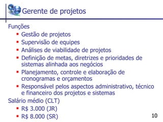 Gerente de projetos Funções Gestão de projetos Supervisão de equipes  Análises de viabilidade de projetos Definição de metas, diretrizes e prioridades de sistemas alinhada aos negócios  Planejamento, controle e elaboração de cronogramas e orçamentos  Responsável pelos aspectos administrativo, técnico e financeiro dos projetos e sistemas  Salário médio (CLT) R$ 3.000 (JR) R$ 8.000 (SR)  