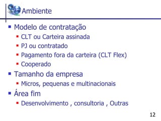 Ambiente Modelo de contratação CLT ou Carteira assinada PJ ou contratado Pagamento fora da carteira (CLT Flex) Cooperado Tamanho da empresa Micros, pequenas e multinacionais Área fim Desenvolvimento , consultoria , Outras 