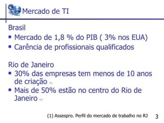 Mercado de TI Brasil Mercado de 1,8 % do PIB ( 3% nos EUA) Carência de profissionais qualificados Rio de Janeiro 30% das empresas tem menos de 10 anos de criação  (1) Mais de 50% estão no centro do Rio de Janeiro  (1) (1) Assespro. Perfil do mercado de trabalho no RJ 