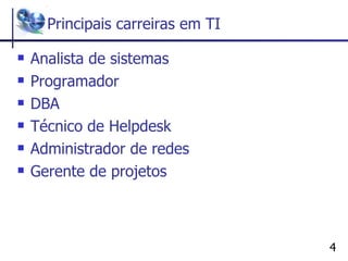 Principais carreiras em TI Analista de sistemas Programador DBA Técnico de Helpdesk Administrador de redes  Gerente de projetos 
