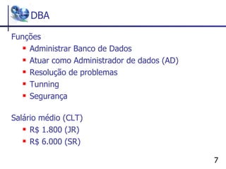 DBA Funções Administrar Banco de Dados Atuar como Administrador de dados (AD) Resolução de problemas Tunning Segurança Salário médio (CLT) R$ 1.800 (JR)  R$ 6.000 (SR) 