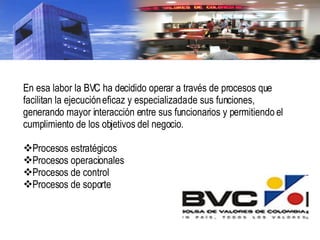 En esa labor la BVC ha decidido operar a través de procesos que facilitan la ejecución eficaz y especializada de sus funciones, generando mayor interacción entre sus funcionarios y permitiendo el cumplimiento de los objetivos del negocio. Procesos estratégicos Procesos operacionales Procesos de control Procesos de soporte 