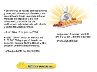 El concurso se realiza semestralmente y en él, estudiantes y profesores ponen en práctica la teoría impartida sobre el mercado de capitales y a la vez compiten con estudiantes de instituciones educativas de todo el país y ganan fabulosos premios.  Junio 16 a 10 de julio de 2008  saldo “ficticio” inicial en efectivo de $100.000.000 que podrá invertir en acciones, dólares, CDT’s, Bonos y TES, desde el primer día del concurso. sobregiro hasta por $30’000.000   se juegan 18 ruedas ( de 3:00 pm a 9:00 am), mínimo 8 ruedas Premio $1.500.000  