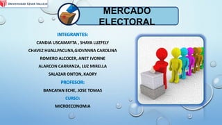 INTEGRANTES:
CANDIA USCAMAYTA , SHAYA LUZFELY
CHAVEZ HUALLPACUNA,GIOVANNA CAROLINA
ROMERO ALCOCER, ANET IVONNE
ALARCON CARRANZA, LUZ MIRELLA
SALAZAR ONTON, KAORY
PROFESOR:
BANCAYAN ECHE, JOSE TOMAS
CURSO:
MICROECONOMIA
MERCADO
ELECTORAL
 