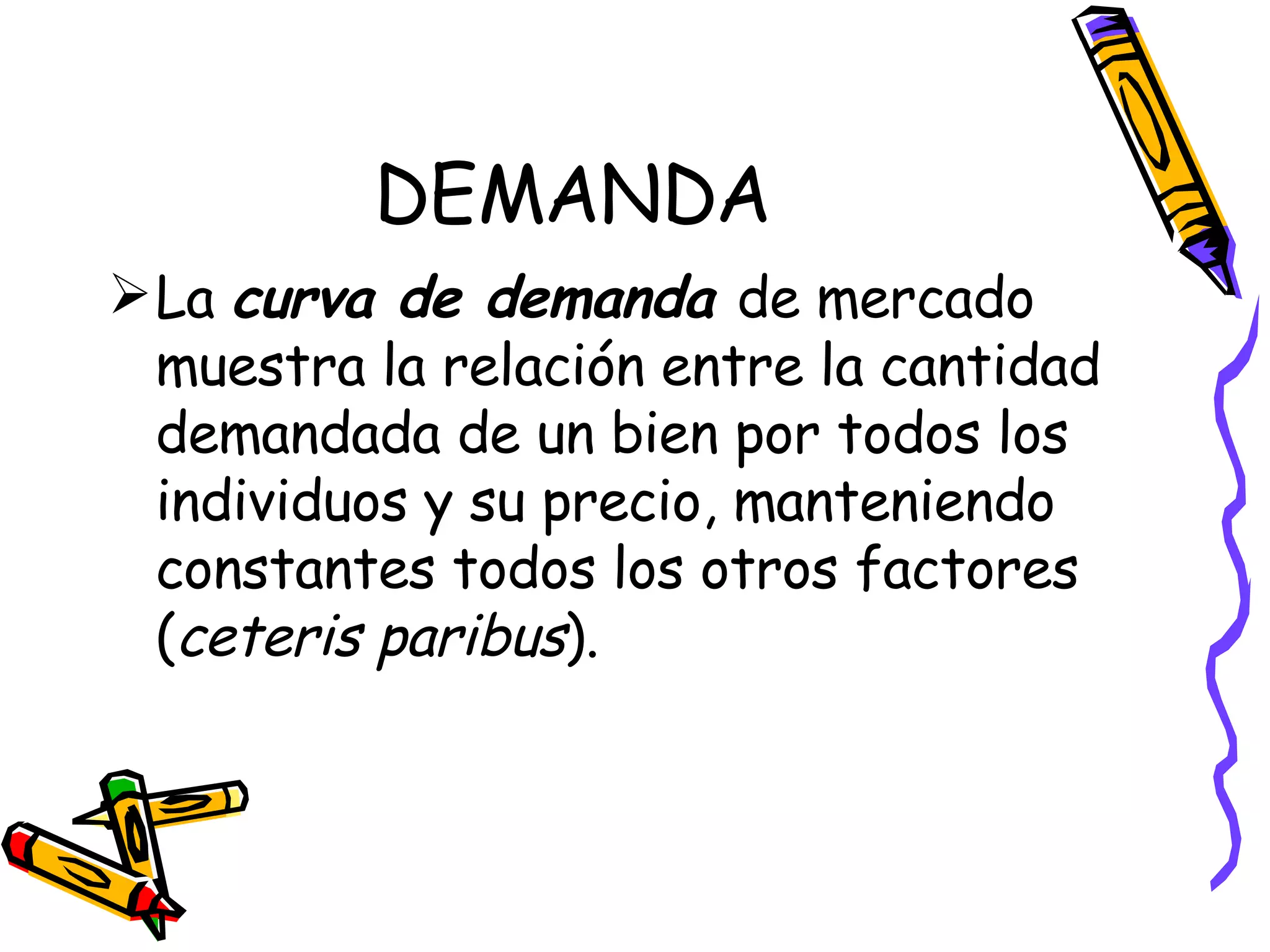 DEMANDA La  curva de demanda  de mercado muestra la relación entre la cantidad demandada de un bien por todos los individuos y su precio, manteniendo constantes todos los otros factores ( ceteris paribus ). 