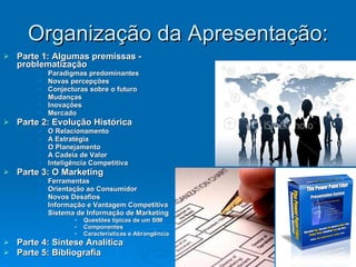 Organização da Apresentação: Parte 1: Algumas premissas - problematização Paradigmas predominantes Novas percepções Conjecturas sobre o futuro Mudanças Inovações Mercado Parte 2: Evolução Histórica O Relacionamento A Estratégia O Planejamento A Cadeia de Valor Inteligência Competitiva Parte 3: O Marketing Ferramentas Orientação ao Consumidor Novos Desafios Informação e Vantagem Competitiva Sistema de Informação de Marketing Questões típicas de um SIM Componentes Características e Abrangência Parte 4: Síntese Analítica Parte 5: Bibliografia 