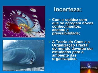 Incerteza: Com a rapidez com que se agregam novos conhecimentos, acabou a previsibilidade; A Teoria do Caos e a Organização Fractal do mundo deverão ser estudados para o ambiente das organizações. 