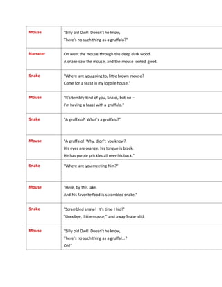 Mouse "Silly old Owl! Doesn't he know,
There's no such thing as a gruffalo?"
Narrator On went the mouse through the deep dark wood.
A snake saw the mouse, and the mouse looked good.
Snake "Where are you going to, little brown mouse?
Come for a feast in my logpile house."
Mouse "It's terribly kind of you, Snake, but no –
I'm having a feast with a gruffalo."
Snake "A gruffalo? What's a gruffalo?"
Mouse "A gruffalo! Why, didn't you know?
His eyes are orange, his tongue is black,
He has purple prickles all over his back."
Snake "Where are you meeting him?"
Mouse "Here, by this lake,
And his favorite food is scrambled snake."
Snake "Scrambled snake! It's time I hid!"
"Goodbye, little mouse," and away Snake slid.
Mouse "Silly old Owl! Doesn't he know,
There's no such thing as a gruffal...?
Oh!”
 