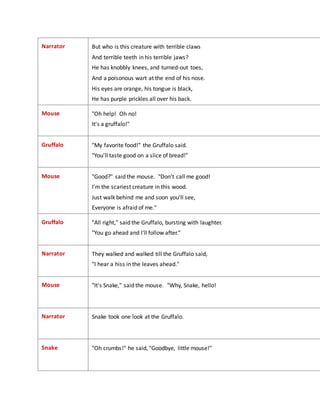 Narrator But who is this creature with terrible claws
And terrible teeth in his terrible jaws?
He has knobbly knees, and turned-out toes,
And a poisonous wart at the end of his nose.
His eyes are orange, his tongue is black,
He has purple prickles all over his back.
Mouse "Oh help! Oh no!
It's a gruffalo!"
Gruffalo "My favorite food!" the Gruffalo said.
"You'll taste good on a slice of bread!"
Mouse "Good?" said the mouse. "Don't call me good!
I'm the scariest creature in this wood.
Just walk behind me and soon you'll see,
Everyone is afraid of me."
Gruffalo "All right," said the Gruffalo, bursting with laughter.
"You go ahead and I'll follow after."
Narrator They walked and walked till the Gruffalo said,
"I hear a hiss in the leaves ahead."
Mouse "It's Snake," said the mouse. "Why, Snake, hello!
Narrator Snake took one look at the Gruffalo.
Snake "Oh crumbs!" he said, "Goodbye, little mouse!"
 
