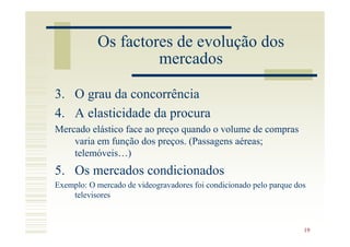 Os factores de evolução dos
                    mercados

3. O grau da concorrência
4. A elasticidade da procura
Mercado elástico face ao preço quando o volume de compras
    varia em função dos preços. (Passagens aéreas;
    telemóveis…)
5. Os mercados condicionados
Exemplo: O mercado de videogravadores foi condicionado pelo parque dos
    televisores



                                                                     19
 