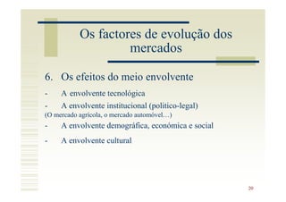 Os factores de evolução dos
                    mercados

6. Os efeitos do meio envolvente
-    A envolvente tecnológica
-    A envolvente institucional (politico-legal)
(O mercado agrícola, o mercado automóvel…)
-    A envolvente demográfica, económica e social
-    A envolvente cultural




                                                    20
 