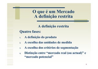 O que é um Mercado
          A definição restrita

           A definição restrita
Quatro fases:
1.   A definição do produto
2.   A escolha das unidades de medida
3.   A escolha dos critérios de segmentação
4.   Distinção entre “mercado real (ou actual)” e
     “mercado potencial”

                                                6
 