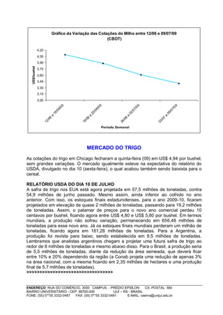 Gráfico da Variação das Cotações do Milho entre 12/06 e 09/07/09
                                                            (CBOT)

                4,20
                4,05
                3,90
   US$/bushel




                3,75
                3,60
                3,45
                3,30
                3,15
                3,00
                                        09




                                                                09




                                                                                               09




                                                                                                                     09
                                      6/




                                                              6/




                                                                                             7/




                                                                                                                   7/
                                   /0




                                                           /0




                                                                                          /0




                                                                                                                /0
                                18




                                                        25




                                                                                       02




                                                                                                             09
                            a




                                                    a




                                                                                   a




                                                                                                         a
                            6




                                                    6




                                                                                   6




                                                                                                         7
                          /0




                                                  /0




                                                                                 /0




                                                                                                       /0
                       12




                                               19




                                                                              26




                                                                                                    03
                                                                     Período Semanal




                                                   MERCADO DO TRIGO

As cotações do trigo em Chicago fecharam a quinta-feira (09) em US$ 4,94 por bushel,
sem grandes variações. O mercado igualmente esteve na expectativa do relatório do
USDA, divulgado no dia 10 (sexta-feira), o qual acabou também sendo baixista para o
cereal.

RELATÓRIO USDA DO DIA 10 DE JULHO
A safra de trigo nos EUA está agora projetada em 57,5 milhões de toneladas, contra
54,9 milhões de junho passado. Mesmo assim, ainda inferior ao colhido no ano
anterior. Com isso, os estoques finais estadunidenses, para o ano 2009-10, ficaram
projetados em elevação de quase 2 milhões de toneladas, passando para 19,2 milhões
de toneladas. Assim, o patamar de preços para o novo ano comercial perdeu 10
centavos por bushel, ficando agora entre US$ 4,80 e US$ 5,80 por bushel. Em termos
mundiais, a produção não sofreu variação, permanecendo em 656,48 milhões de
toneladas para esse novo ano. Já os estoques finais mundiais perderam um milhão de
toneladas, ficando agora em 181,28 milhões de toneladas. Para a Argentina, a
produção foi revista para baixo, sendo estabelecida em 9,5 milhões de toneladas.
Lembramos que analistas argentinos chegam a projetar uma futura safra de trigo ao
redor de 8 milhões de toneladas e mesmo abaixo disso. Para o Brasil, a produção seria
de 5,5 milhões de toneladas, diante da redução da área semeada, que deverá ficar
entre 10% e 20% dependendo da região (a Conab projeta uma redução de apenas 3%
na área nacional, com a mesma ficando em 2,35 milhões de hectares e uma produção
final de 5,7 milhões de toneladas).
>>>>>>>>>>>>>>>>>>>>>>>>>>>>>>>>>


ENDEREÇO: RUA DO COMÉRCIO, 3000 CAMPUS - PRÉDIO EPSÍLON              CX. POSTAL: 560
BAIRRO UNIVERSITÁRIO - CEP: 98700-000             IJUÍ – RS - BRASIL
FONE: (55) 0**55 3332-0487 FAX: (55) 0**55 3332-0481       E-MAIL: ceema@unijui.edu.br
 