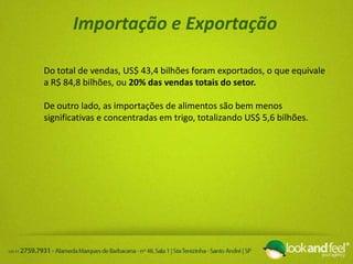 Importação e Exportação
Do total de vendas, US$ 43,4 bilhões foram exportados, o que equivale
a R$ 84,8 bilhões, ou 20% das vendas totais do setor.
De outro lado, as importações de alimentos são bem menos
significativas e concentradas em trigo, totalizando US$ 5,6 bilhões.
 