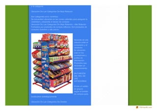 a la categoría.

Ubicación De Las Categorías De Baja Rotación

Son categorías poco vendidas.
Se encuentran ubicadas en las z onas calientes para asegurar la
visibilidad y despierta el deseo de comprar.
Ubicación De Las Categorías De Baja Rotación – Alta Rotación
Formados por productos de compra reflexiva. Son productos de
consumo duradero y alto precio.




                                                Necesita de una
                                                relación entre el
                                                comprador y el
                                                vendedor.
                                                Su ubicación
                                                esta en los
                                                mostradores y
                                                puntos de
                                                información.
                                                Productos que
                                                necesitan un
                                                asesoramiento.

                                                EN FUNCIÓN
                                                DEL ROL DE
                                                LAS
                                                CATEGORÍAS

                                                Divide al surtido
                                                en grupos
                                                según el ámbito
                                                de compra para
localiz arlos estratégicamente.

Ubicación De Las Categorías De Destino

                                                                    PDFmyURL.com
 