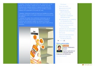 • Cenefas. Presentan dos acepciones; una, relacionada con los                 Purchase)
frentes de los estantes, dotados de una "canaleta" que está
                                                                            Punt o de vent a.
diseñada para sostener precios o material de promoción del
punto de venta. La otra acepción es la que identifica al propio             MEDIOS DE ACCION
material POP presentado en el punto de venta.                               TENDENCIAS DE
                                                                              MERCHANDISING
• Estantes. Conforman la parte del lineal que identifica los niveles
                                                                            EN FUNCION DE LOS
de la góndola (entre 4 y 6, según el tamaño de los productos que
                                                                              NIVELES Y ZONAS DE
se exhiben).
                                                                              PRESENTACIÓN
• Laterales de puntera. Son exhibidores adicionales que se
ubican en la parte final del lineal del frente de la góndola y              EN FUNCION DE LO TIEMPOS
conforman una extensión notable que destaca el producto                       DE PRESENTACIÓN
exhibido. Son posiciones de alto valor para quién exhibe allí sus           GESTIÓN ESTRATÉGICA
productos.
                                                                            Surt ido exist ent es en el
                                                                              merchandising
                                                                            UBICIÓN DE LAS SECCIONES
                                                                            ARQUITECTURA INTERIOR
                                                                            RÓTULOS
                                                                            TIPOS DE ESCAPARATES
                                                                            ARQUITECTURA DEL
                                                                              ESTABLECIMIENTO
                                                                         ► marz o (2)

                                                                       Datos personales
                                                                                      Faust in
                                                                                   Chambo, Chimboraz o,
                                                                                   Ecuador
                                                                                   Estudios realiz ados en
                                                                                   la Escuela Superior
                                                                       Politecnica de Chimboraz o
                                                                       Ver t odo mi perf il




                                                                                                             PDFmyURL.com
 