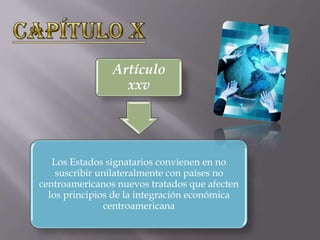 Artículo
                  xxv




   Los Estados signatarios convienen en no
    suscribir unilateralmente con países no
centroamericanos nuevos tratados que afecten
  los principios de la integración económica
               centroamericana
 