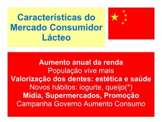 Características do Mercado Consumidor Lácteo Aumento anual da renda População vive mais Valorização dos dentes: estética e saúde Novos hábitos: iogurte, queijo(*) Mídia, Supermercados, Promoção Campanha Governo Aumento Consumo 