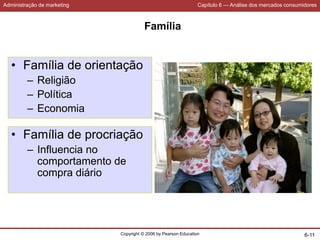 Administração de marketing Capítulo 6 — Análise dos mercados consumidores
Copyright © 2006 by Pearson Education 6-11
Família
• Família de orientação
– Religião
– Política
– Economia
• Família de procriação
– Influencia no
comportamento de
compra diário
 