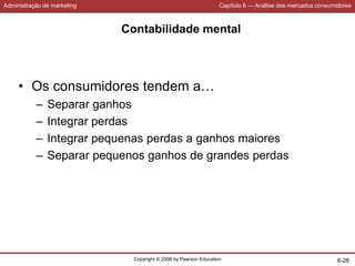 Administração de marketing Capítulo 6 — Análise dos mercados consumidores
Copyright © 2006 by Pearson Education 6-28
Contabilidade mental
• Os consumidores tendem a…
– Separar ganhos
– Integrar perdas
– Integrar pequenas perdas a ganhos maiores
– Separar pequenos ganhos de grandes perdas
 