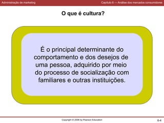 Administração de marketing Capítulo 6 — Análise dos mercados consumidores
Copyright © 2006 by Pearson Education 6-4
O que é cultura?
É o principal determinante do
comportamento e dos desejos de
uma pessoa, adquirido por meio
do processo de socialização com
familiares e outras instituições.
 