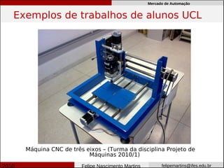Mercado de Automação


Exemplos de trabalhos de alunos UCL




  Máquina CNC de três eixos – (Turma da disciplina Projeto de
                       Máquinas 2010/1)

                     Felipe Nascimento Martins         felipemartins@ifes.edu.br
 