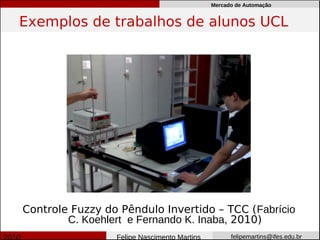 Mercado de Automação


Exemplos de trabalhos de alunos UCL




Controle Fuzzy do Pêndulo Invertido – TCC (Fabrício
        C. Koehlert e Fernando K. Inaba, 2010)
                 Felipe Nascimento Martins         felipemartins@ifes.edu.br
 