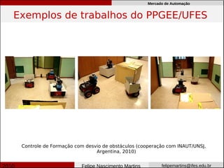 Mercado de Automação


Exemplos de trabalhos do PPGEE/UFES




 Controle de Formação com desvio de obstáculos (cooperação com INAUT/UNSJ,
                              Argentina, 2010)


                        Felipe Nascimento Martins         felipemartins@ifes.edu.br
 