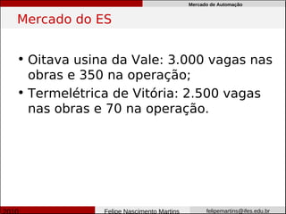 Mercado de Automação


Mercado do ES


• Oitava usina da Vale: 3.000 vagas nas
  obras e 350 na operação;
• Termelétrica de Vitória: 2.500 vagas
  nas obras e 70 na operação.




             Felipe Nascimento Martins         felipemartins@ifes.edu.br
 