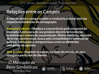 UFPE dDesign Mestrado em Design Arte contra a Arte


Relações entre os Campos
A relação entre o campo erudito e a industria cultural está nas
respectivas instâncias de consagração.

Industria Cultural - Obedece a concorrência pela conquista do
mercado. A estrutura do seu produto decorre de condições
econômicas e sociais de sua produção. Efeitos estéticos, exclusão
de temas controversos, busca pela rentabilidade e extensão de
público. Transações e compromissos entre as diferentes
categorias de agentes.

Arte Erudita - Exprimir os vaores e a visão do mundo de uma
categoria particular de clientes.

 O Mercado de
Bens Simbólicos                  Camilla              Rodrigo                 Sebba
    Pierre Bourdieu
                                 camicami@gmail.com   mail@rodrigomotta.com   sebba.cavalcante@gmail.com
 