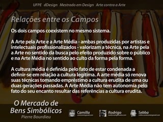 UFPE dDesign Mestrado em Design Arte contra a Arte


Relações entre os Campos
Os dois campos coexistem no mesmo sistema.

A Arte pela Arte e a Arte Média - ambas produzidas por artistas e
intelectuais pro ssionalizados - valorizam a técnica, na Arte pela
a Arte no sentido da busca pelo efeito produzido sobre o público
e na Arte Média no sentido ao culto da forma pela forma.

A cultura média é de nida pelo fato de estar condenada a
de nir-se em relação a cultura legítima. A arte média só renova
suas técnicas tomando empréstimo a cultura erudita de uma ou
duas gerações passadas. A Arte Média não tem autonomia pelo
fato do seu encanto resultar das referências a cultura erudita.

 O Mercado de
Bens Simbólicos                  Camilla              Rodrigo                 Sebba
    Pierre Bourdieu
                                 camicami@gmail.com   mail@rodrigomotta.com   sebba.cavalcante@gmail.com
 