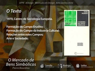 UFPE dDesign Mestrado em Design Arte contra a Arte


O Texto
1970, Centro de Sociologia Européia.

Formação do Campo Erudito;
Formação do Campo da Industria Cultural;
Relações entre estes Campos;
Arte e Sociedade;




 O Mercado de
Bens Simbólicos                  Camilla              Rodrigo                 Sebba
    Pierre Bourdieu
                                 camicami@gmail.com   mail@rodrigomotta.com   sebba.cavalcante@gmail.com
 