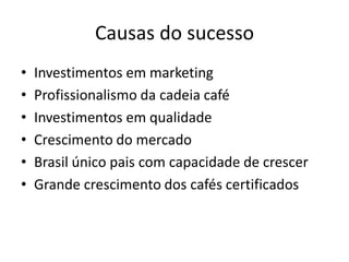 Causas do sucesso
•   Investimentos em marketing
•   Profissionalismo da cadeia café
•   Investimentos em qualidade
•   Crescimento do mercado
•   Brasil único pais com capacidade de crescer
•   Grande crescimento dos cafés certificados
 