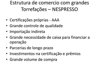 Estrutura de comercio com grandes
         Torrefações – NESPRESSO
• Certificações próprias - AAA
• Grande controle de qualidade
• Importação indireta
• Grande necessidade de caixa para financiar a
  operação
• Parcerias de longo prazo
• Investimentos na certificação e prêmios
• Grande volume de compra
 