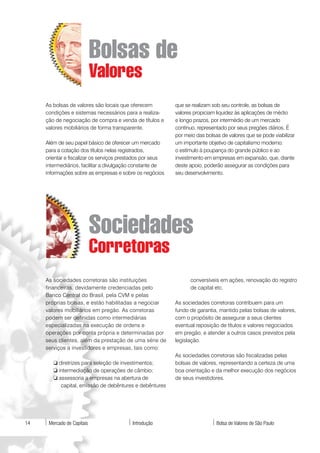 Bolsas de
                            Valores
     As bolsas de valores são locais que oferecem           que se realizam sob seu controle, as bolsas de
     condições e sistemas necessários para a realiza-       valores propiciam liquidez às aplicações de médio
     ção de negociação de compra e venda de títulos e       e longo prazos, por intermédio de um mercado
     valores mobiliários de forma transparente.             contínuo, representado por seus pregões diários. É
                                                            por meio das bolsas de valores que se pode viabilizar
     Além de seu papel básico de oferecer um mercado        um importante objetivo de capitalismo moderno:
     para a cotação dos títulos nelas registrados,          o estímulo à poupança do grande público e ao
     orientar e fiscalizar os serviços prestados por seus   investimento em empresas em expansão, que, diante
     intermediários, facilitar a divulgação constante de    deste apoio, poderão assegurar as condições para
     informações sobre as empresas e sobre os negócios      seu desenvolvimento.




                            Sociedades
                            Corretoras
     As sociedades corretoras são instituições                    conversíveis em ações, renovação do registro
     financeiras, devidamente credenciadas pelo                   de capital etc.
     Banco Central do Brasil, pela CVM e pelas
     próprias bolsas, e estão habilitadas a negociar        As sociedades corretoras contribuem para um
     valores mobiliários em pregão. As corretoras           fundo de garantia, mantido pelas bolsas de valores,
     podem ser definidas como intermediárias                com o propósito de assegurar a seus clientes
     especializadas na execução de ordens e                 eventual reposição de títulos e valores negociados
     operações por conta própria e determinadas por         em pregão, e atender a outros casos previstos pela
     seus clientes, além da prestação de uma série de       legislação.
     serviços a investidores e empresas, tais como:
                                                            As sociedades corretoras são fiscalizadas pelas
        ❏ diretrizes para seleção de investimentos;         bolsas de valores, representando a certeza de uma
        ❏ intermediação de operações de câmbio;             boa orientação e da melhor execução dos negócios
        ❏ assessoria a empresas na abertura de              de seus investidores.
           capital, emissão de debêntures e debêntures




14    Mercado de Capitais                  Introdução                         Bolsa de Valores de São Paulo
 