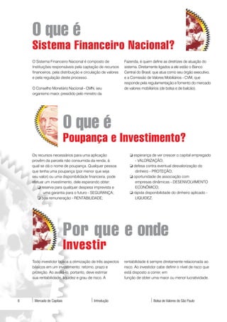 O que é
    Sistema Financeiro Nacional?
    O Sistema Financeiro Nacional é composto de              Fazenda, é quem define as diretrizes de atuação do
    Instituições responsáveis pela captação de recursos      sistema. Diretamente ligados a ele estão o Banco
    financeiros, pela distribuição e circulação de valores   Central do Brasil, que atua como seu órgão executivo,
    e pela regulação deste processo.                         e a Comissão de Valores Mobiliários - CVM, que
                                                             responde pela regulamentação e fomento do mercado
    O Conselho Monetário Nacional - CMN, seu                 de valores mobiliários (de bolsa e de balcão).
    organismo maior, presidido pelo ministro da




                           O que é
                           Poupança e Investimento?
    Os recursos necessários para uma aplicação                  ❏ esperança de ver crescer o capital empregado
    provêm da parcela não consumida da renda, à                    - VALORIZAÇÃO;
    qual se dá o nome de poupança. Qualquer pessoa              ❏ defesa contra eventual desvalorização do
    que tenha uma poupança (por menor que seja                     dinheiro - PROTEÇÃO;
    seu valor) ou uma disponibilidade financeira, pode          ❏ oportunidade de associação com
    efetuar um investimento, dele esperando obter:                 empresas dinâmicas - DESENVOLVIMENTO
       ❏ reserva para qualquer despesa imprevista e                ECONÔMICO;
           uma garantia para o futuro - SEGURANÇA;              ❏ rápida disponibilidade do dinheiro aplicado -
       ❏ boa remuneração - RENTABILIDADE;                          LIQUIDEZ.




                           Por que e onde
                           Investir
    Todo investidor busca a otimização de três aspectos      rentabilidade é sempre diretamente relacionada ao
    básicos em um investimento: retorno, prazo e             risco. Ao investidor cabe definir o nível de risco que
    proteção. Ao avaliá-lo, portanto, deve estimar           está disposto a correr, em
    sua rentabilidade, liquidez e grau de risco. A           função de obter uma maior ou menor lucratividade.




6    Mercado de Capitais                  Introdução                           Bolsa de Valores de São Paulo
 