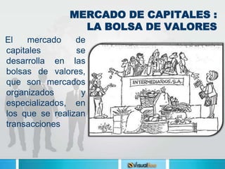 El mercado de
capitales se
desarrolla en las
bolsas de valores,
que son mercados
organizados y
especializados, en
los que se realizan
transacciones
MERCADO DE CAPITALES :
LA BOLSA DE VALORES
 