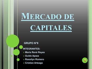 MERCADO DE
CAPITALES
GRUPO N°8
INTEGRANTES:
 María René Reyes
 Guido Apaza
 Rossilyn Romero
 Cristian Arteaga
 