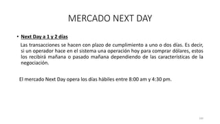 • Next Day a 1 y 2 días
Las transacciones se hacen con plazo de cumplimiento a uno o dos días. Es decir,
si un operador hace en el sistema una operación hoy para comprar dólares, estos
los recibirá mañana o pasado mañana dependiendo de las características de la
negociación.
El mercado Next Day opera los días hábiles entre 8:00 am y 4:30 pm.
100
MERCADO NEXT DAY
 