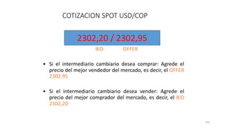 103
COTIZACION SPOT USD/COP
BID OFFER
• Si el intermediario cambiario desea comprar: Agrede el
precio del mejor vendedor del mercado, es decir, el OFFER
2302.95
• Si el intermediario cambiario desea vender: Agrede el
precio del mejor comprador del mercado, es decir, el BID
2302,20
2302,20 / 2302,95
 