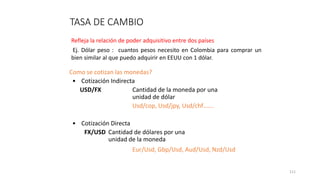 111
TASA DE CAMBIO
Como se cotizan las monedas?
• Cotización Indirecta
USD/FX Cantidad de la moneda por una
unidad de dólar
Usd/cop, Usd/jpy, Usd/chf…….
• Cotización Directa
FX/USD Cantidad de dólares por una
unidad de la moneda
Eur/Usd, Gbp/Usd, Aud/Usd, Nzd/Usd
Refleja la relación de poder adquisitivo entre dos países
Ej. Dólar peso : cuantos pesos necesito en Colombia para comprar un
bien similar al que puedo adquirir en EEUU con 1 dólar.
 