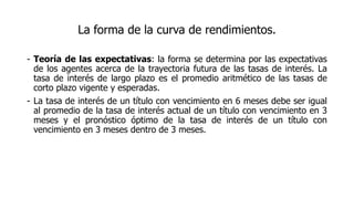 La forma de la curva de rendimientos.
- Teoría de las expectativas: la forma se determina por las expectativas
de los agentes acerca de la trayectoria futura de las tasas de interés. La
tasa de interés de largo plazo es el promedio aritmético de las tasas de
corto plazo vigente y esperadas.
- La tasa de interés de un título con vencimiento en 6 meses debe ser igual
al promedio de la tasa de interés actual de un título con vencimiento en 3
meses y el pronóstico óptimo de la tasa de interés de un título con
vencimiento en 3 meses dentro de 3 meses.
 