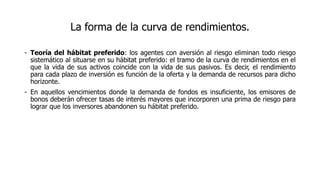 La forma de la curva de rendimientos.
- Teoría del hábitat preferido: los agentes con aversión al riesgo eliminan todo riesgo
sistemático al situarse en su hábitat preferido: el tramo de la curva de rendimientos en el
que la vida de sus activos coincide con la vida de sus pasivos. Es decir, el rendimiento
para cada plazo de inversión es función de la oferta y la demanda de recursos para dicho
horizonte.
- En aquellos vencimientos donde la demanda de fondos es insuficiente, los emisores de
bonos deberán ofrecer tasas de interés mayores que incorporen una prima de riesgo para
lograr que los inversores abandonen su hábitat preferido.
 