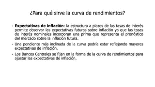¿Para qué sirve la curva de rendimientos?
- Expectativas de inflación: la estructura a plazos de las tasas de interés
permite observar las expectativas futuras sobre inflación ya que las tasas
de interés nominales incorporan una prima que representa el pronóstico
del mercado sobre la inflación futura.
- Una pendiente más inclinada de la curva podría estar reflejando mayores
expectativas de inflación.
- Los Bancos Centrales se fijan en la forma de la curva de rendimientos para
ajustar las expectativas de inflación.
 
