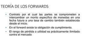 TEORÍA DE LOS FORWARDS
• Contrato por el cual las partes se comprometen a
intercambiar un monto específico de monedas en una
fecha futura a una tasa de cambio también establecida
desde el inicio.
• En el forward existe la obligación de cumplimiento.
• El rango de pérdida o utilidad es prácticamente ilimitado
contra el mercado
 