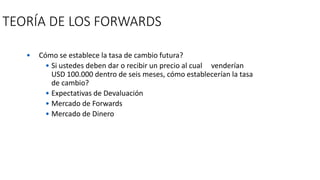TEORÍA DE LOS FORWARDS
• Cómo se establece la tasa de cambio futura?
• Si ustedes deben dar o recibir un precio al cual venderían
USD 100.000 dentro de seis meses, cómo establecerían la tasa
de cambio?
• Expectativas de Devaluación
• Mercado de Forwards
• Mercado de Dinero
 