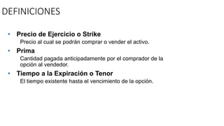 DEFINICIONES
• Precio de Ejercicio o Strike
Precio al cual se podrán comprar o vender el activo.
• Prima
Cantidad pagada anticipadamente por el comprador de la
opción al vendedor.
• Tiempo a la Expiración o Tenor
El tiempo existente hasta el vencimiento de la opción.
 