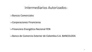 Bancos Comerciales
Corporaciones Financieras
Financiera Energética Nacional FEN
Banco de Comercio Exterior de Colombia S.A. BANCOLDEX.
90
Intermediarios Autorizados:
 